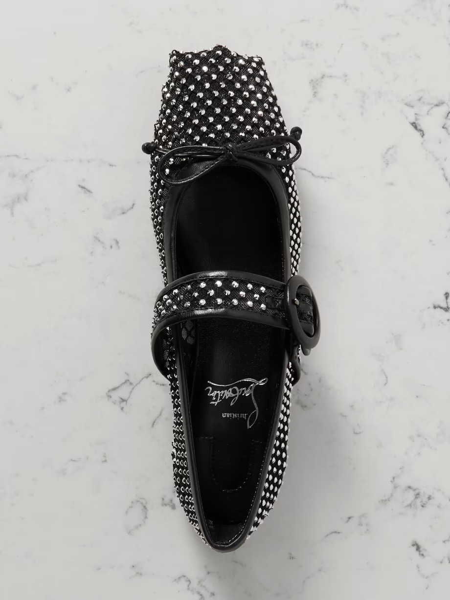 Mamastrapitina crystal-embellished leather-trimmed mesh ballet flats