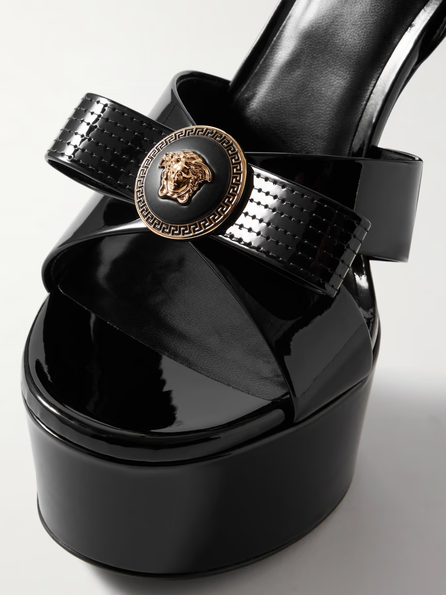 Gianni Ribbon embellished patent-leather platform sandals