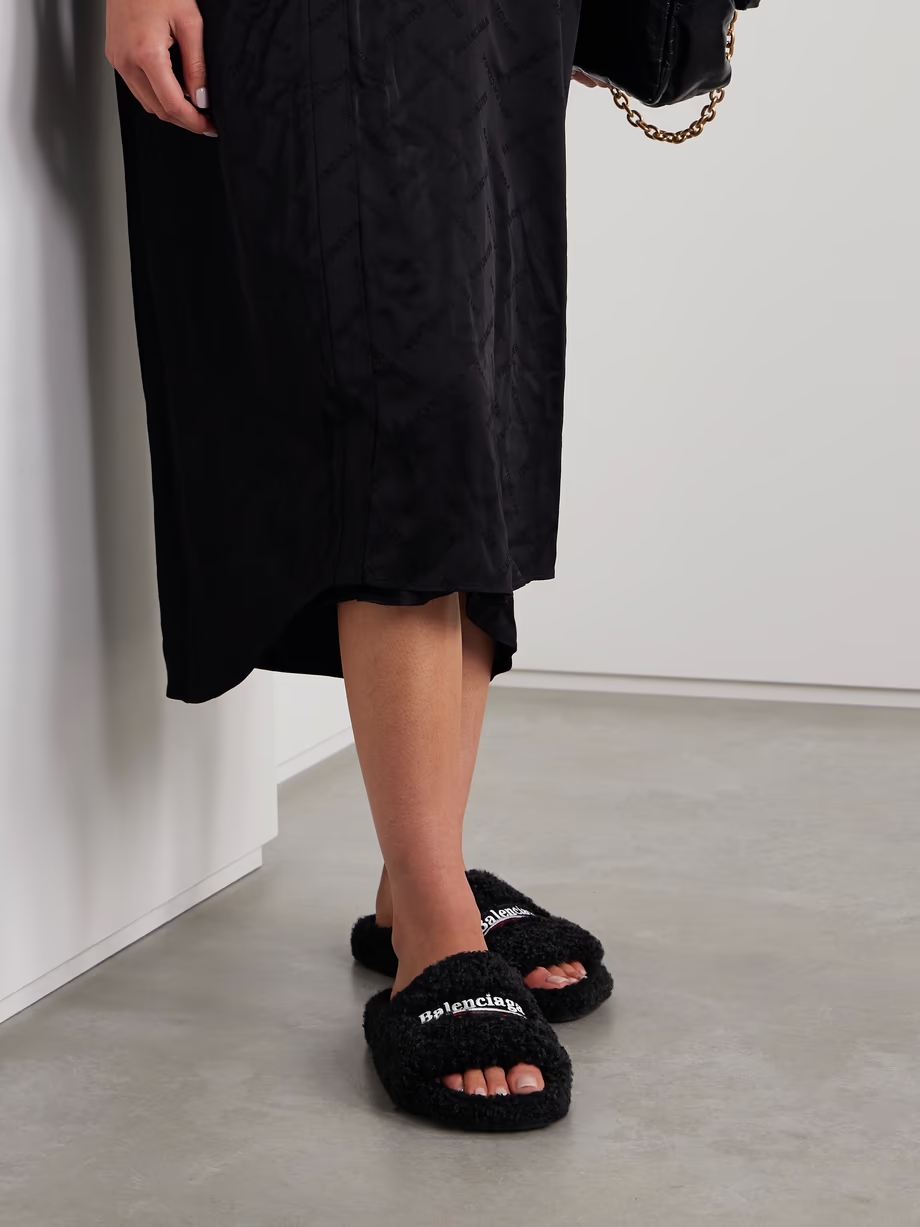 Furry logo-embroidered faux shearling slides