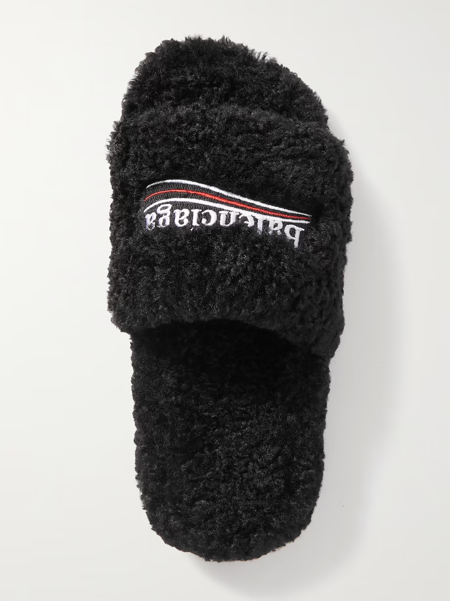 Furry logo-embroidered faux shearling slides