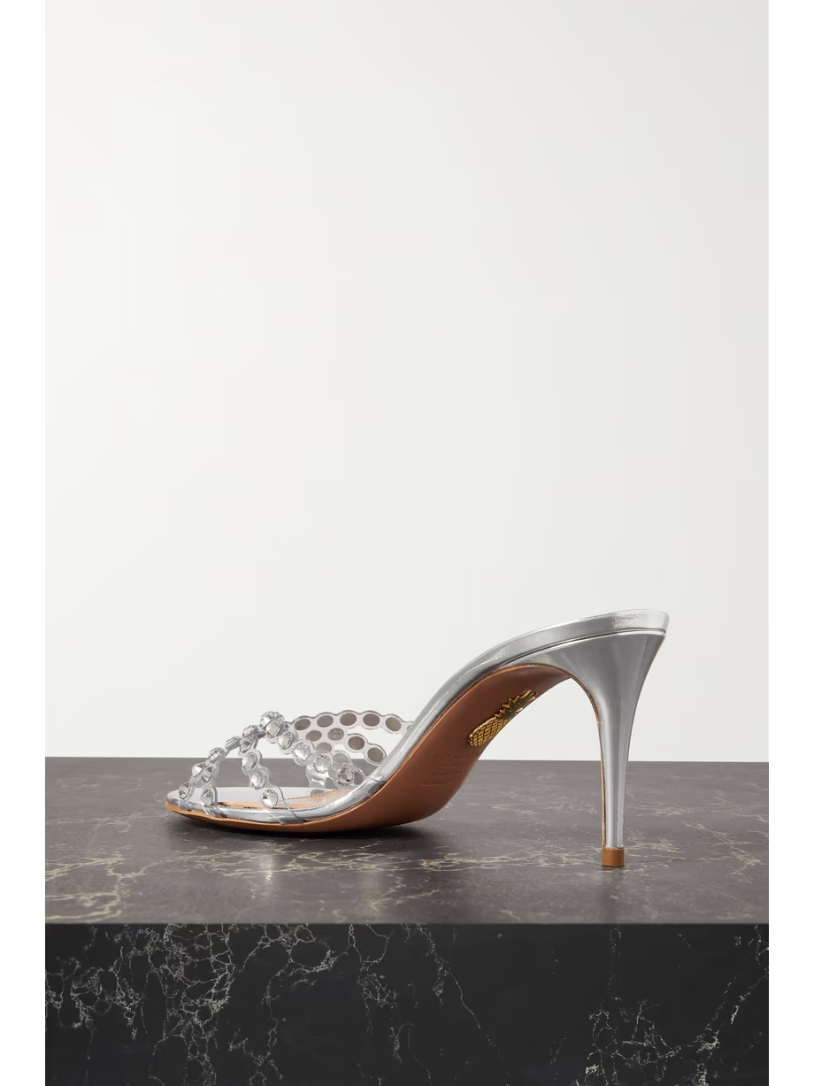 Tequila 75 crystal-embellished PVC and metallic leather mules