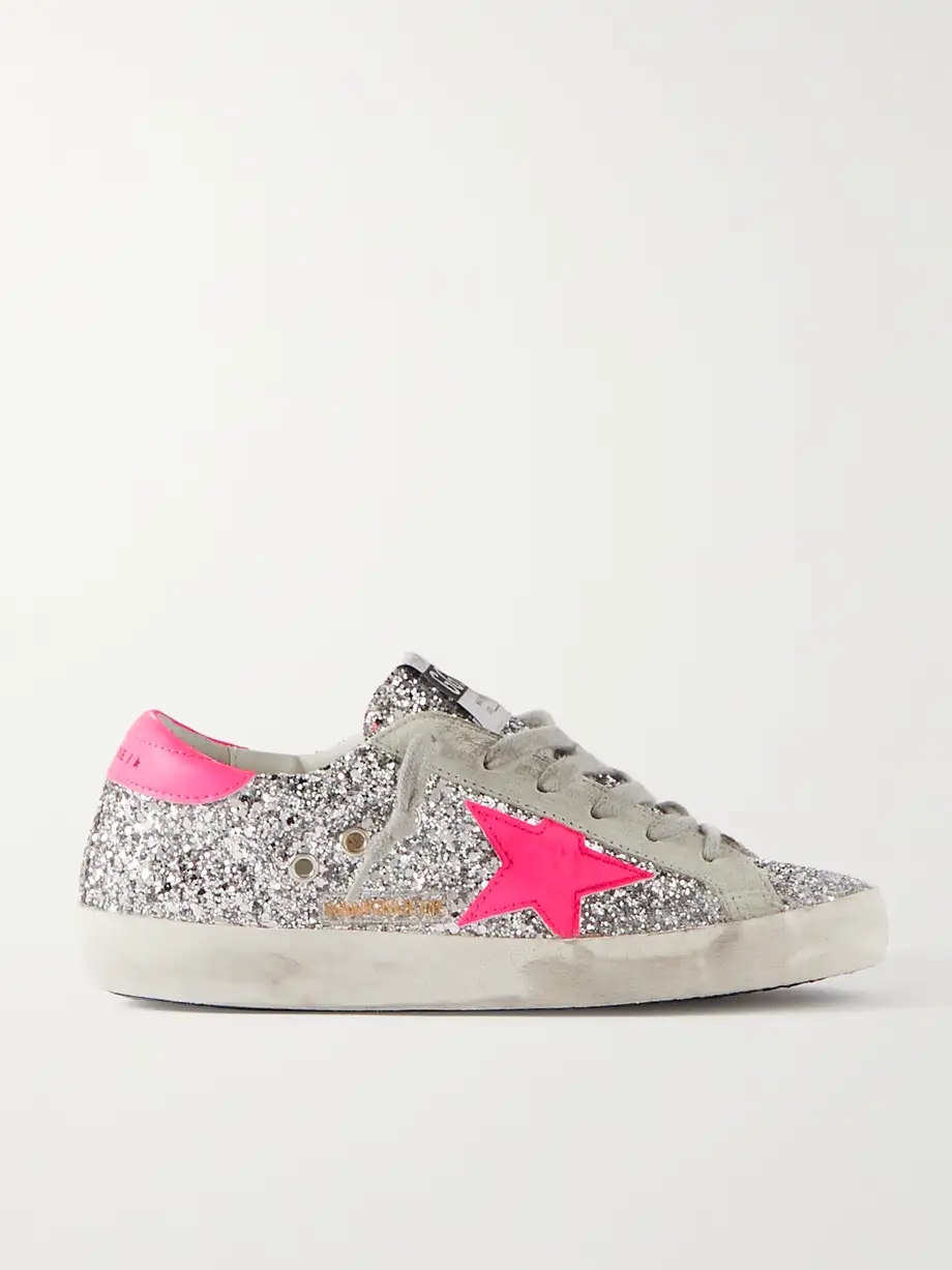 Superstar glittered distressed leather and suede sneakers