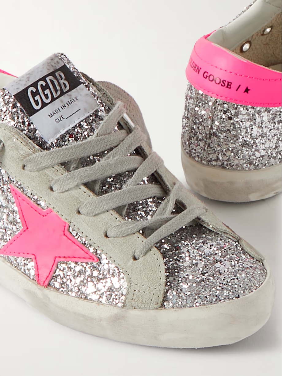 Superstar glittered distressed leather and suede sneakers