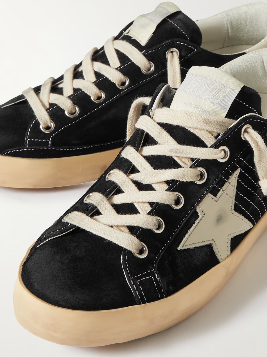 Superstar distressed leather-trimmed suede sneakers