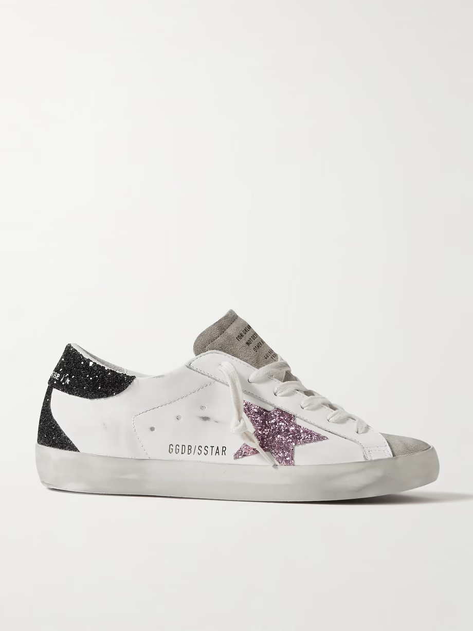 Superstar distressed glittered leather sneakers