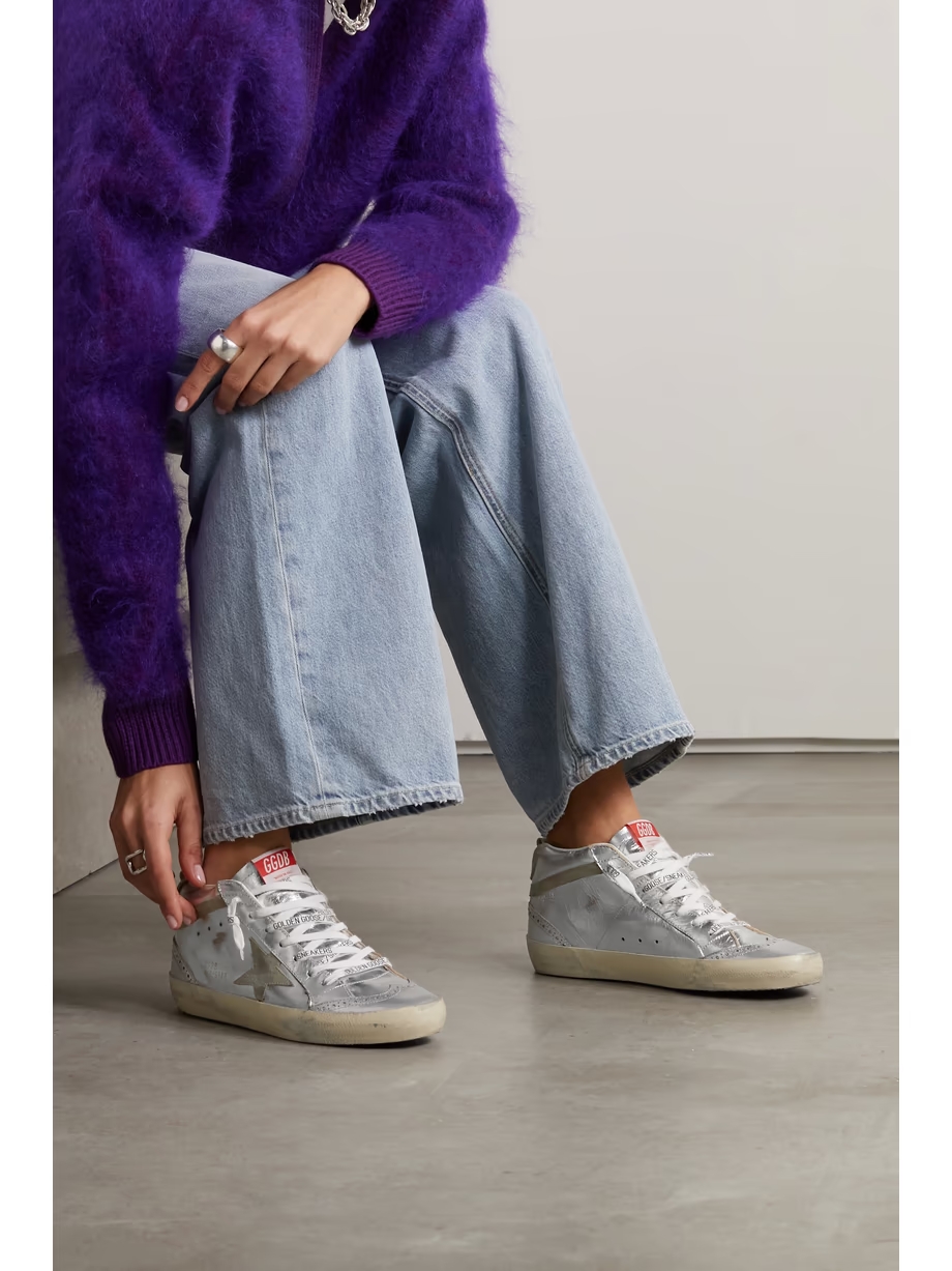 Mid Star distressed suede-trimmed metallic leather sneakers