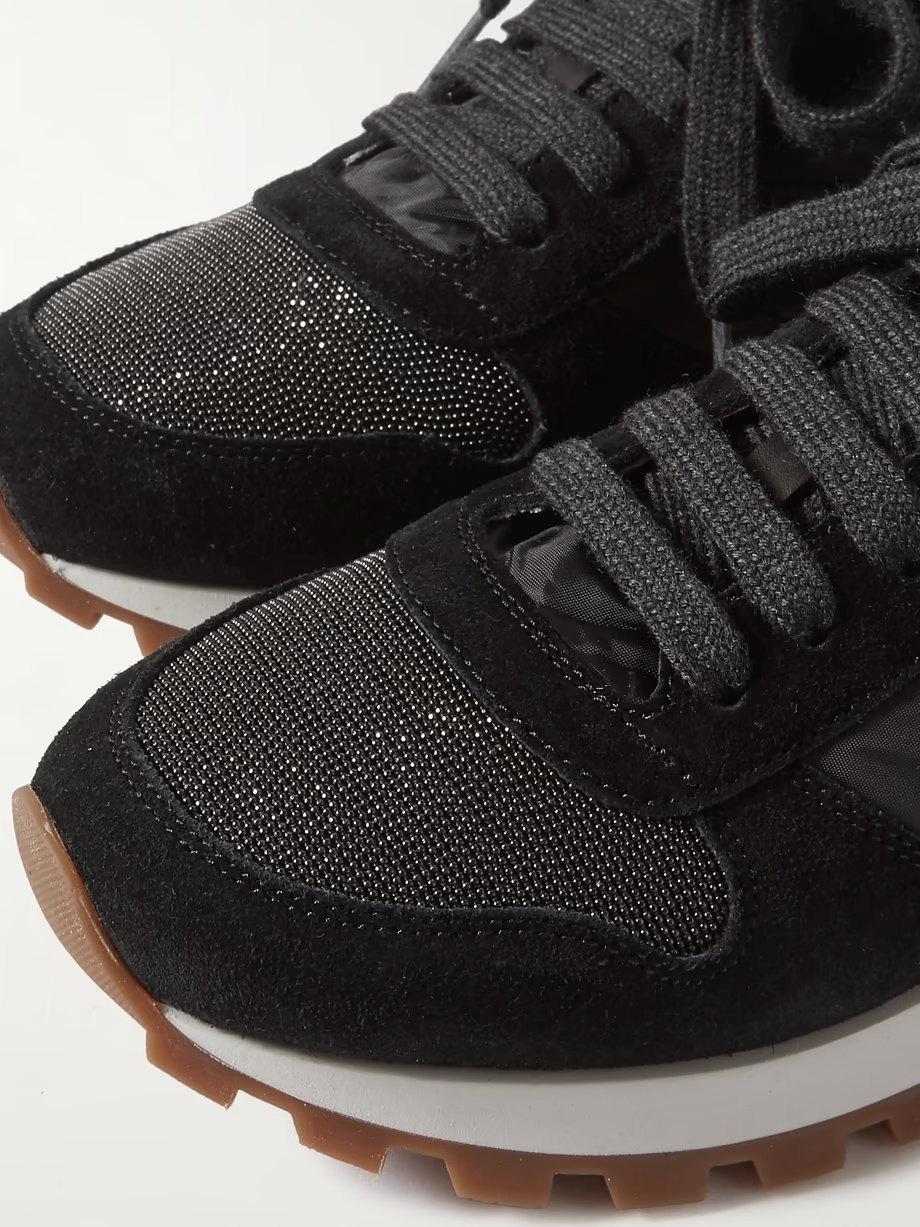 Bead-embellished nylon and suede sneakers