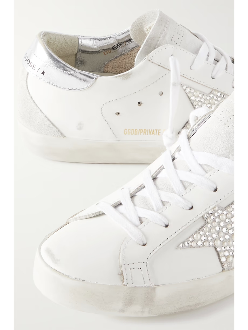 Super-Star embellished distressed suede-trimmed leather sneakers