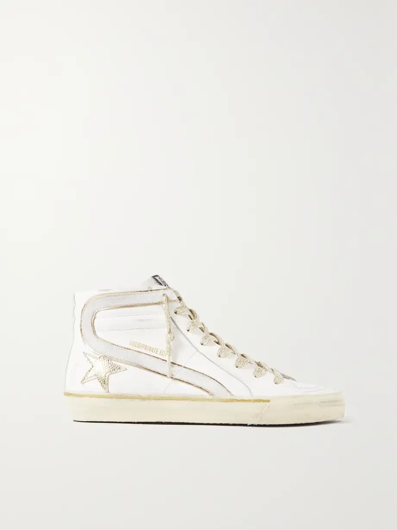 Slide distressed suede and metallic-trimmed leather high-top sneakers