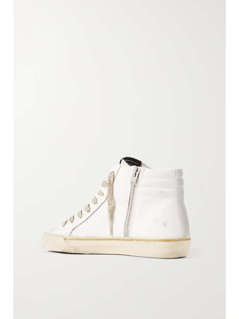 Slide distressed suede and metallic-trimmed leather high-top sneakers