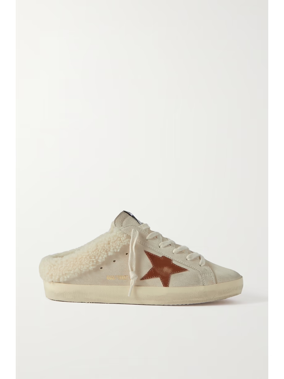 Super-Star Sabot shearling-lined distressed leather-trimmed suede slip-on sneakers