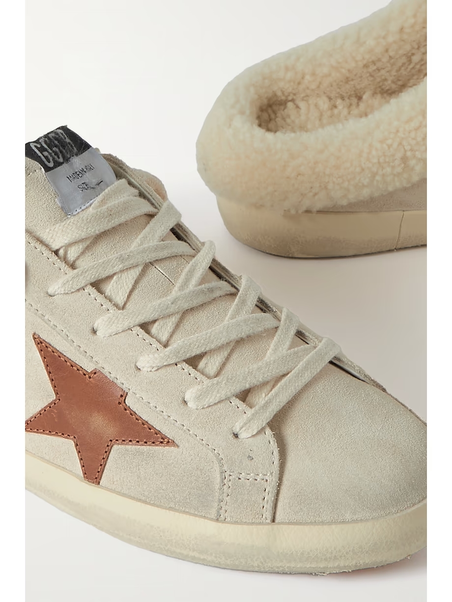 Super-Star Sabot shearling-lined distressed leather-trimmed suede slip-on sneakers