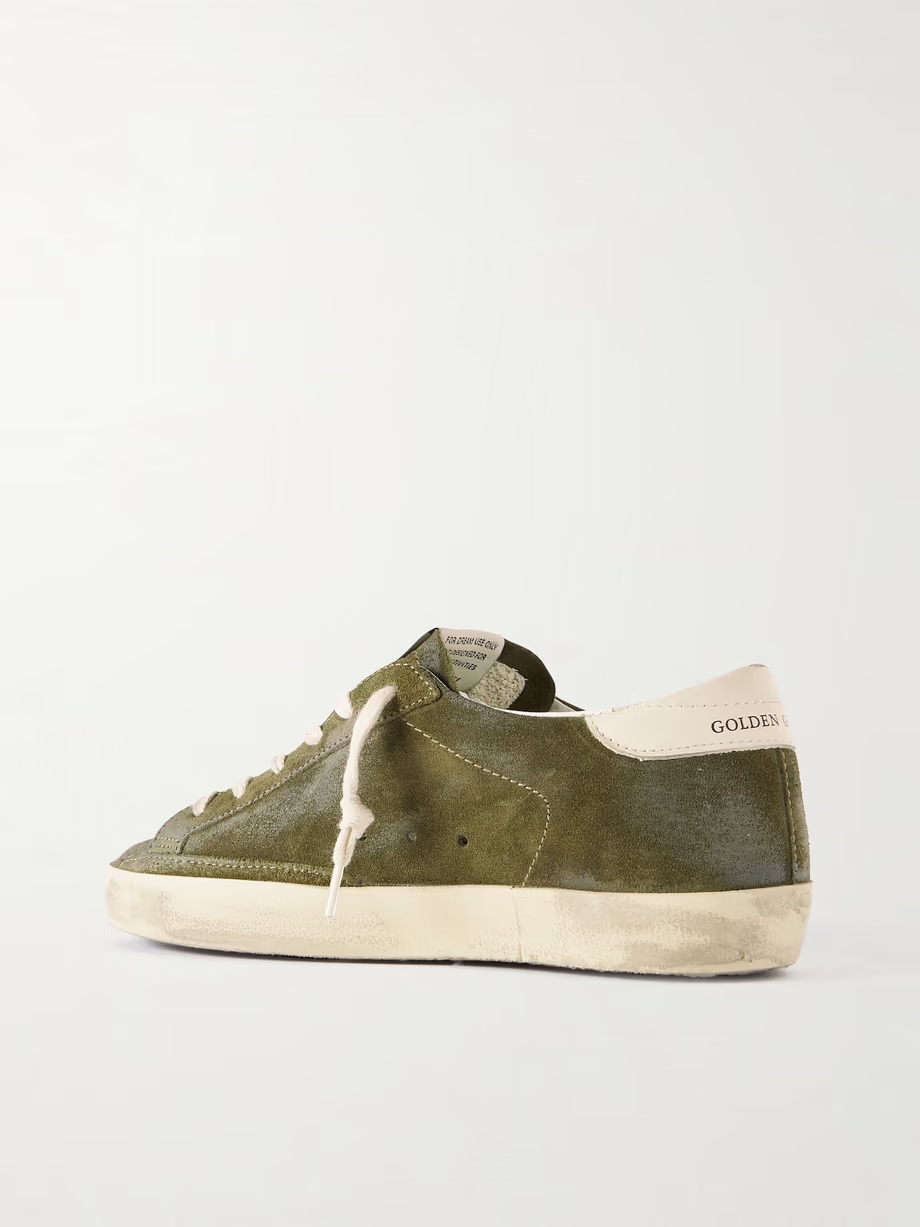 Super-Star leather-trimmed glittered distressed suede sneakers