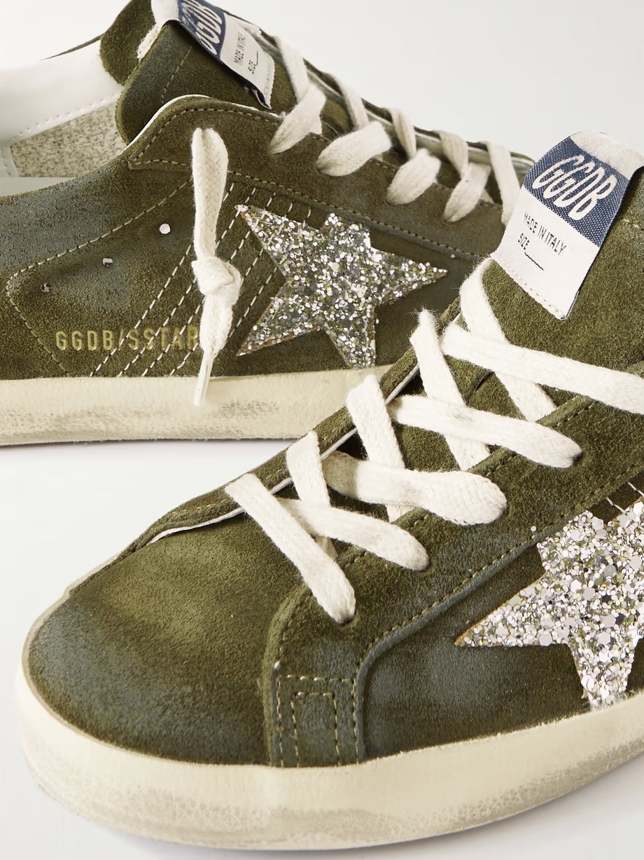 Super-Star leather-trimmed glittered distressed suede sneakers