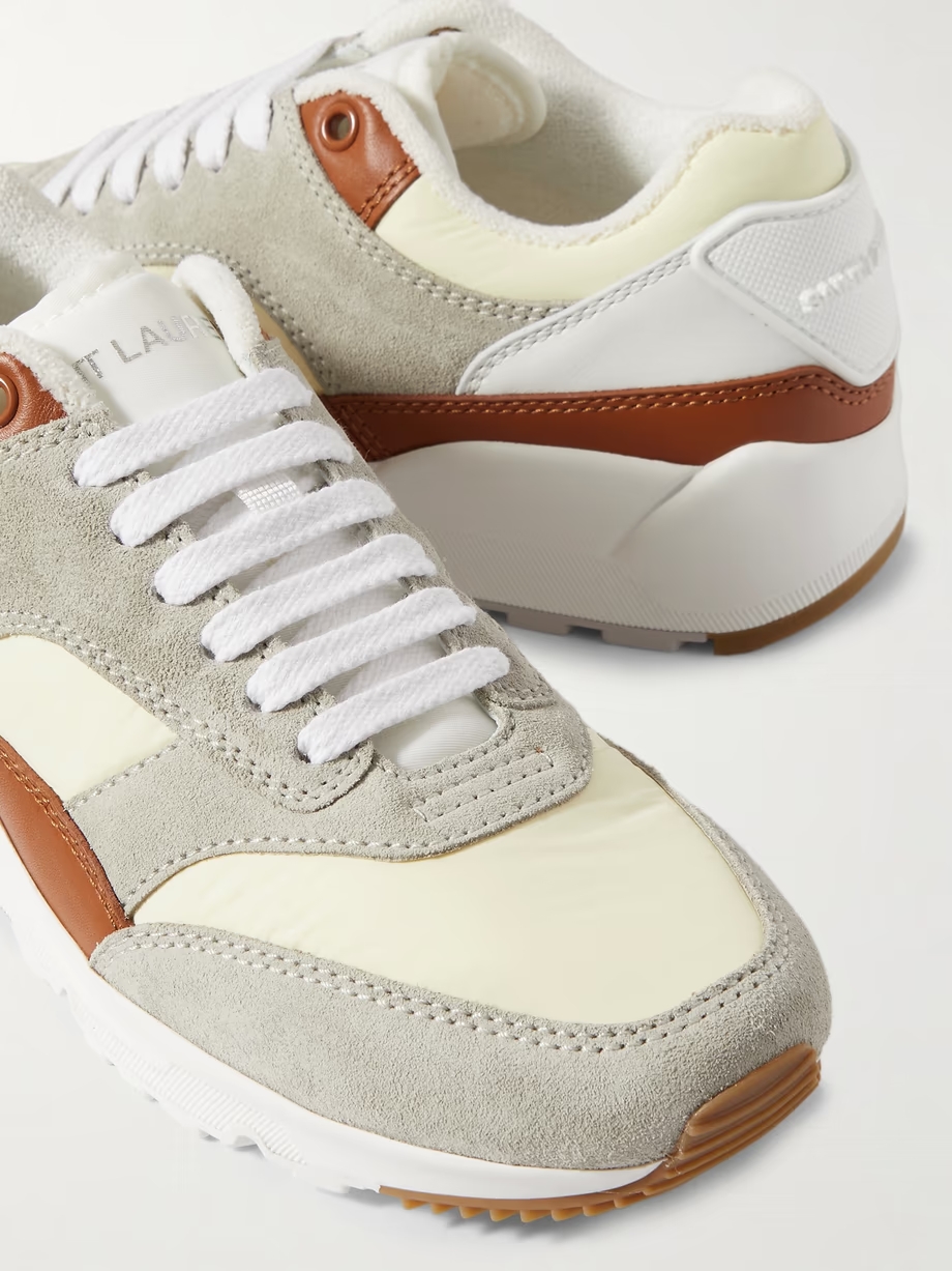 Bump rubber-trimmed shell, leather and suede sneakers