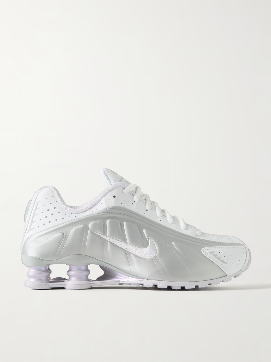 Shox R4 metallic leather and mesh sneakers