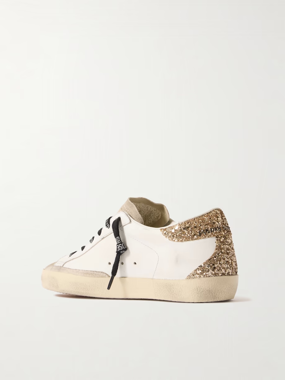 Super-Star distressed suede-trimmed glittered leather sneakers