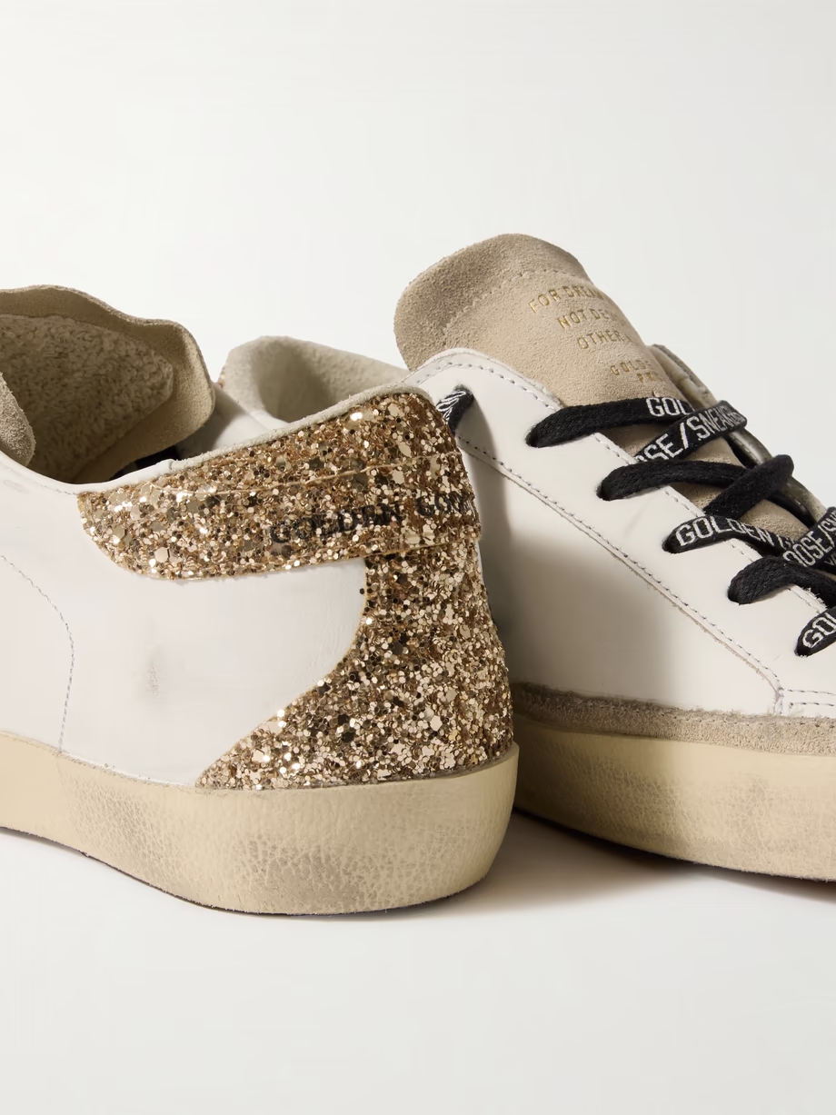 Super-Star distressed suede-trimmed glittered leather sneakers