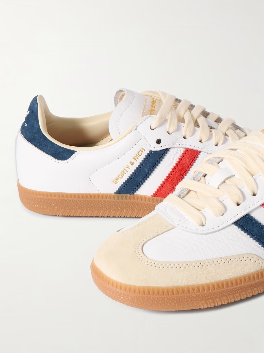 + Sporty & Rich Olympic Samba OG satin and suede-trimmed leather sneakers