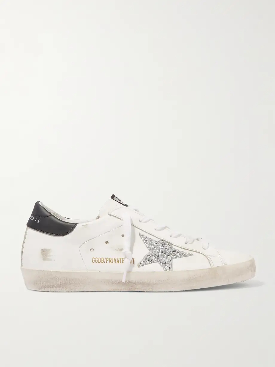 Superstar distressed glittered leather sneakers