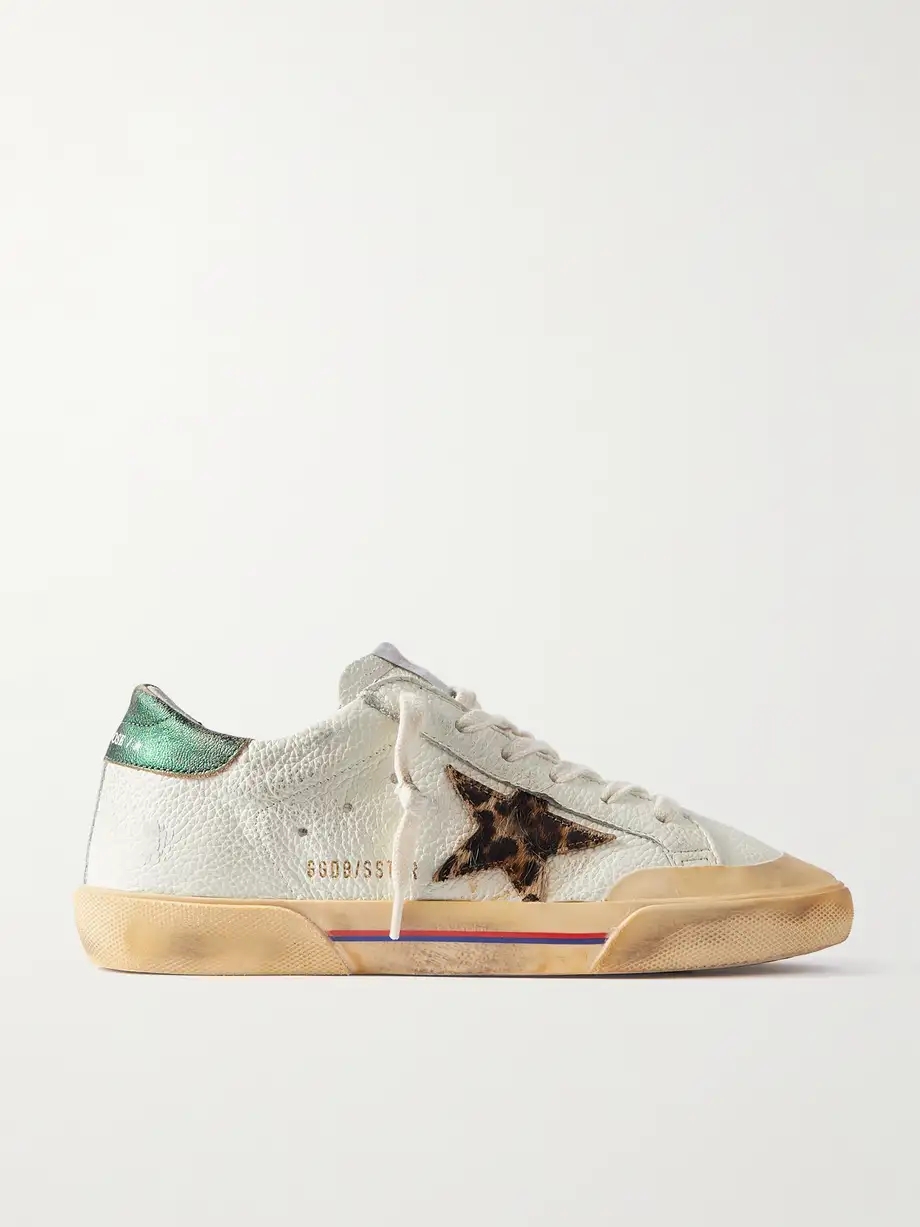 Superstar Penstar distressed leather, leopard-print-trimmed rubber sneakers