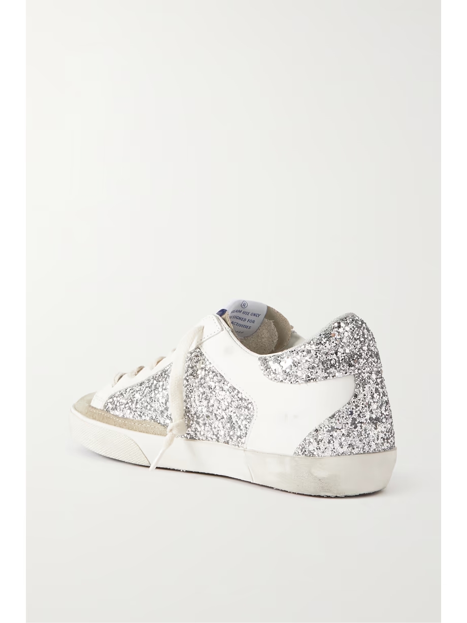 Superstar distressed glittered leather and suede sneakers