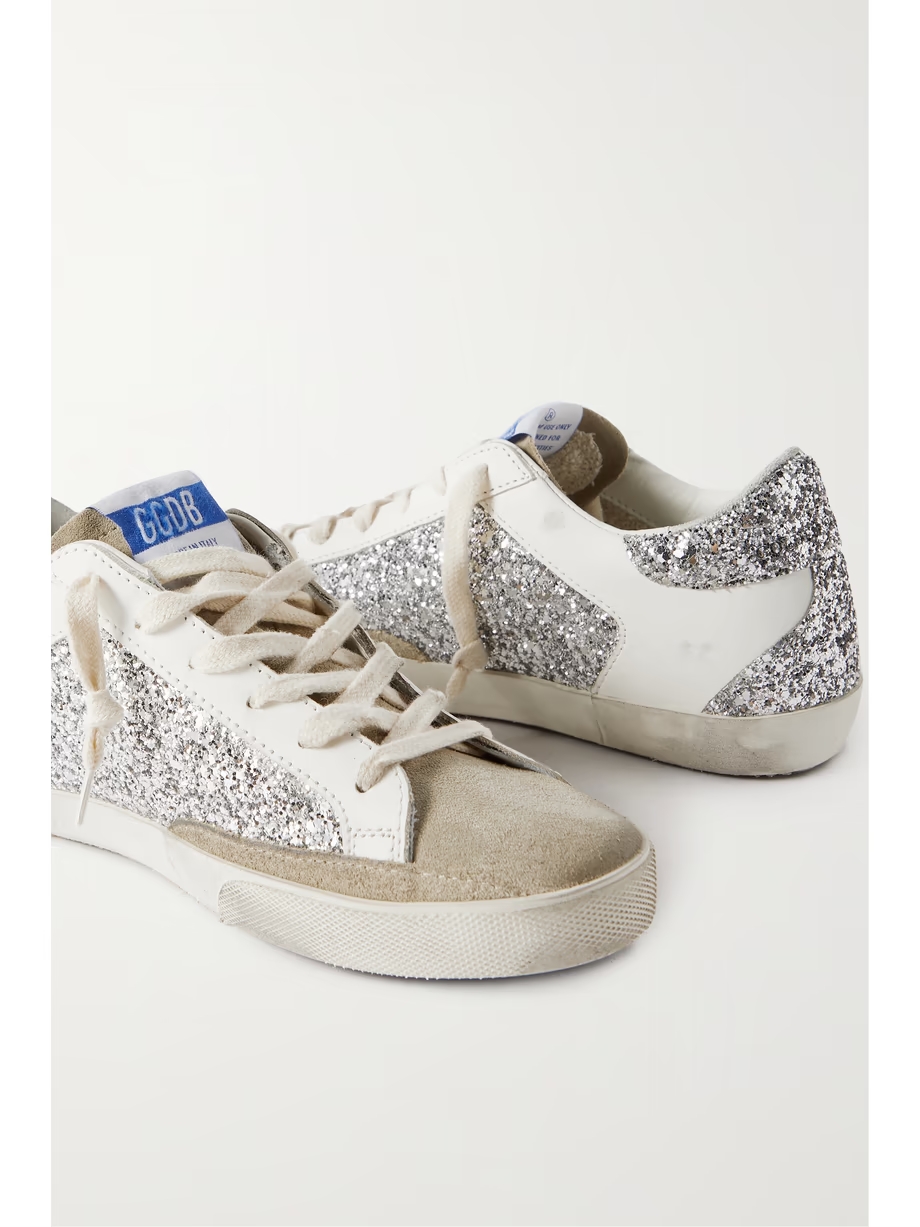 Superstar distressed glittered leather and suede sneakers