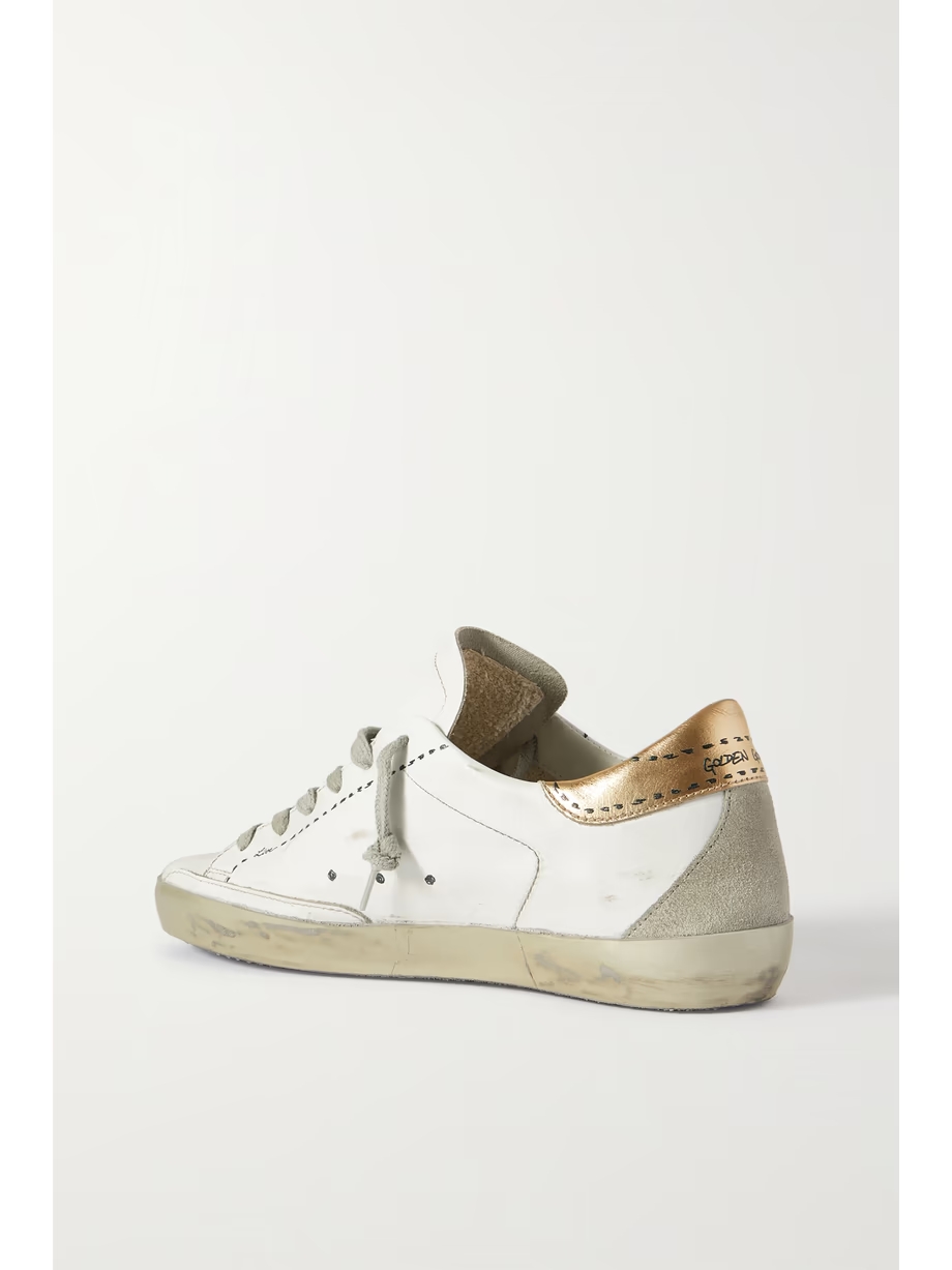 Superstar distressed suede-trimmed printed leather sneakers